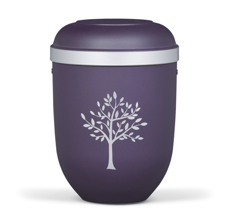 Urne Violett Velour, Silberrand, Moderner Baum