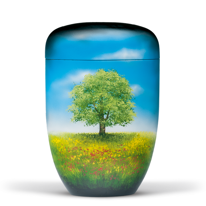 Urne Schwarz, Handgemalt: Baum-Blumenwiese