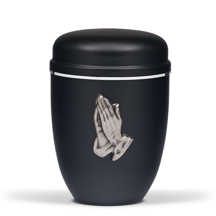 Urne Schwarz-Matt, zinnf. Metallpl.  "Betende Hand"