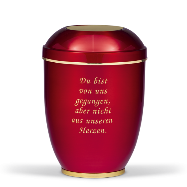 Urne Bordeaux, Goldband, Sockel Messing poliert, Trauertext Nr. 2
