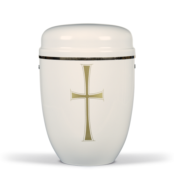 Urne Weiss, Goldkreuz, Goldband am Deckel
