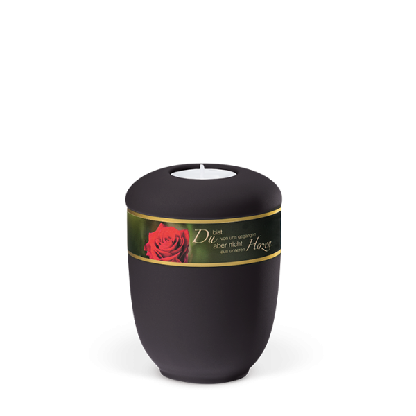 Urne Anthrazit Velour, Dekorband "Rosenblüte", Trauertext 2