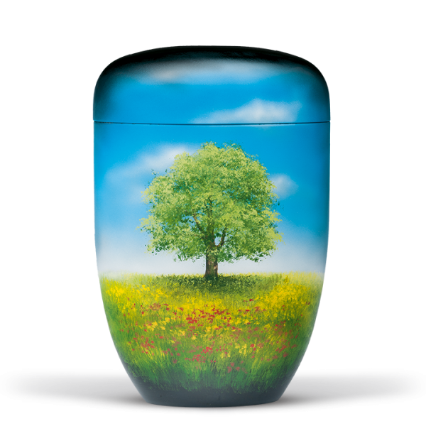 Urne Schwarz, Handgemalt: Baum-Blumenwiese