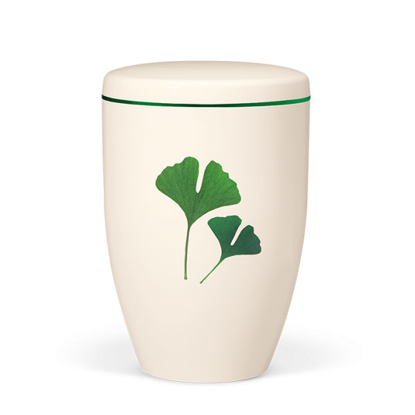 Matt-Weiß, Gingkoblätter, Dekorband Grün am Deckel